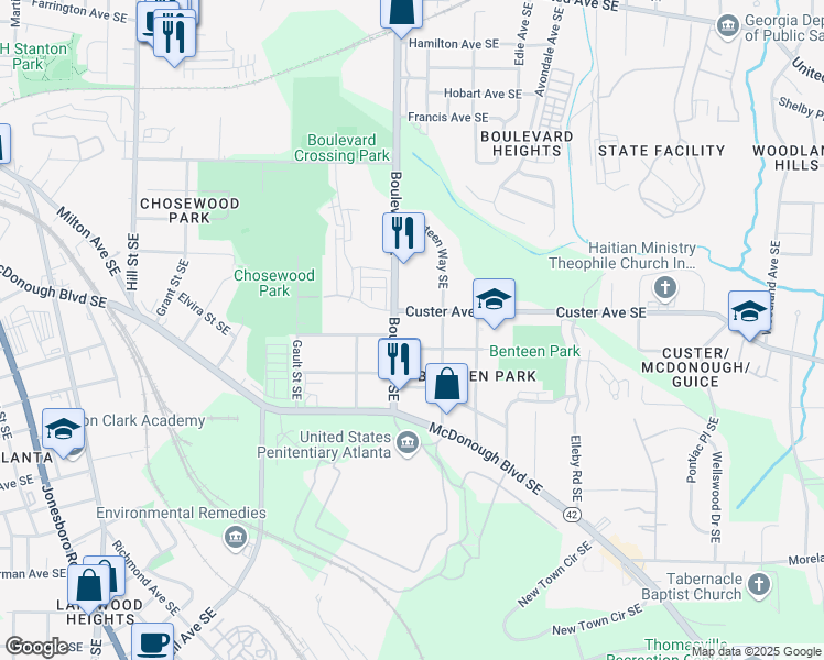 map of restaurants, bars, coffee shops, grocery stores, and more near Blvd in Atlanta