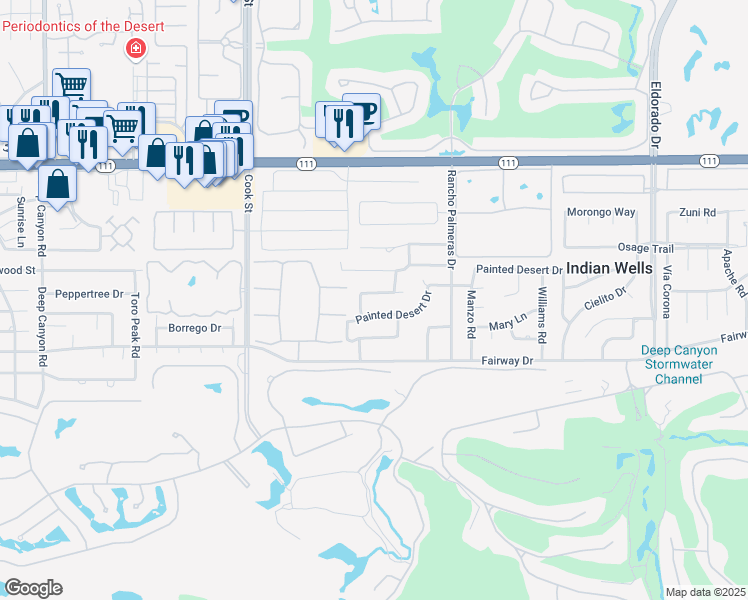 map of restaurants, bars, coffee shops, grocery stores, and more near 75297 Skylark Trail in Indian Wells