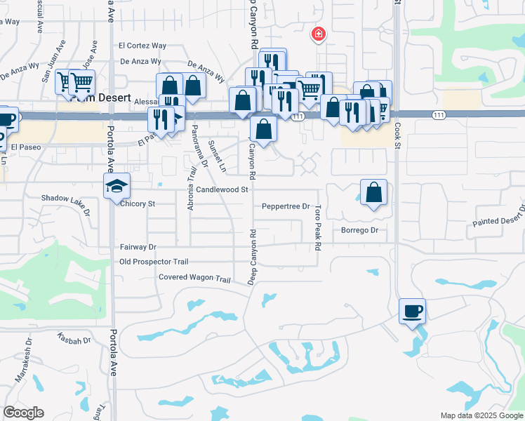 map of restaurants, bars, coffee shops, grocery stores, and more near 74564 Peppertree Drive in Palm Desert