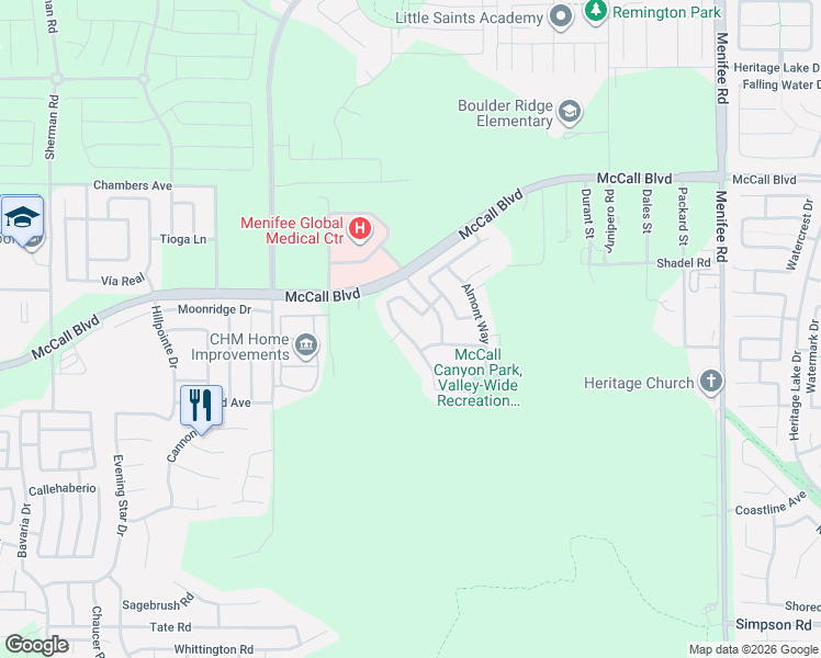 map of restaurants, bars, coffee shops, grocery stores, and more near 27771 Overland Way in Menifee