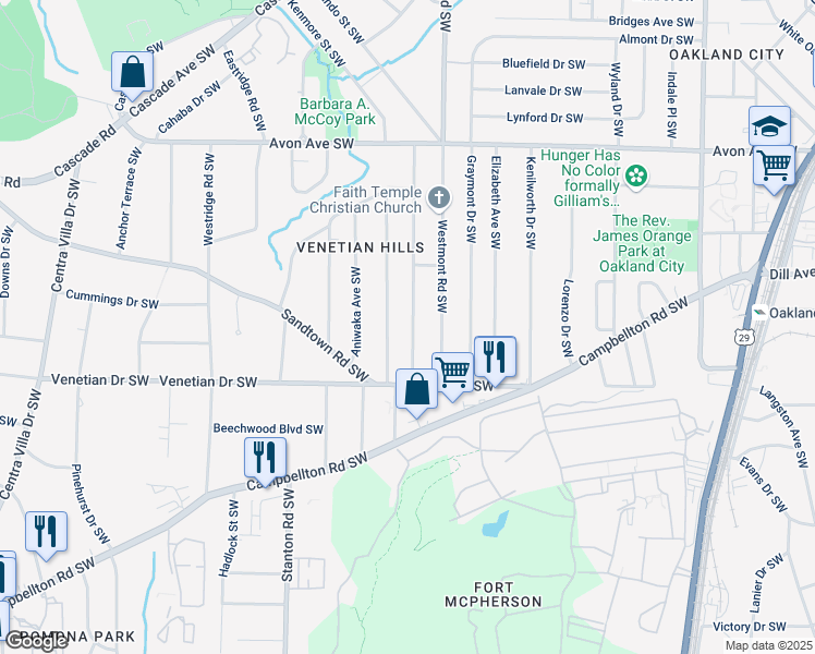 map of restaurants, bars, coffee shops, grocery stores, and more near 1421 Lockwood Drive Southwest in Atlanta