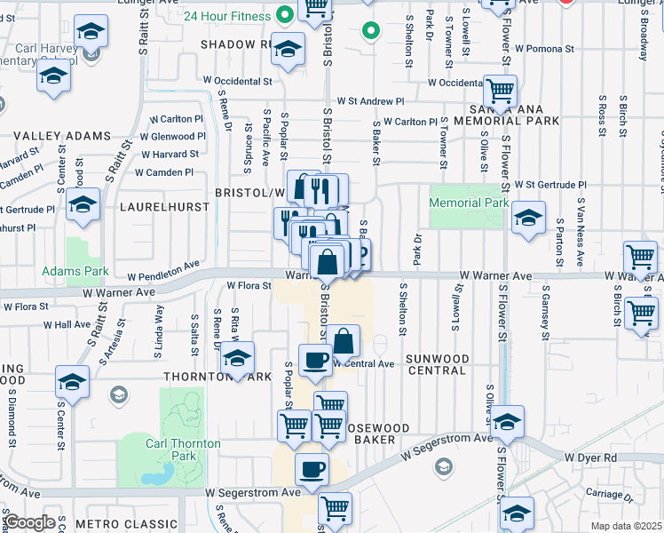 map of restaurants, bars, coffee shops, grocery stores, and more near 2223 South Bristol Street in Santa Ana