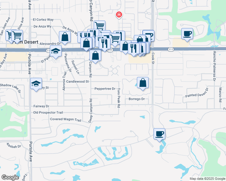 map of restaurants, bars, coffee shops, grocery stores, and more near 74681 Peppertree Drive in Palm Desert