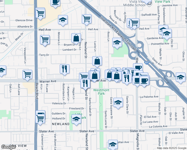map of restaurants, bars, coffee shops, grocery stores, and more near 8552 Merle Circle in Huntington Beach