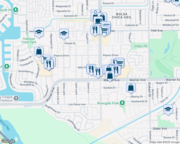 map of restaurants, bars, coffee shops, grocery stores, and more near 16861 Green Lane in Huntington Beach