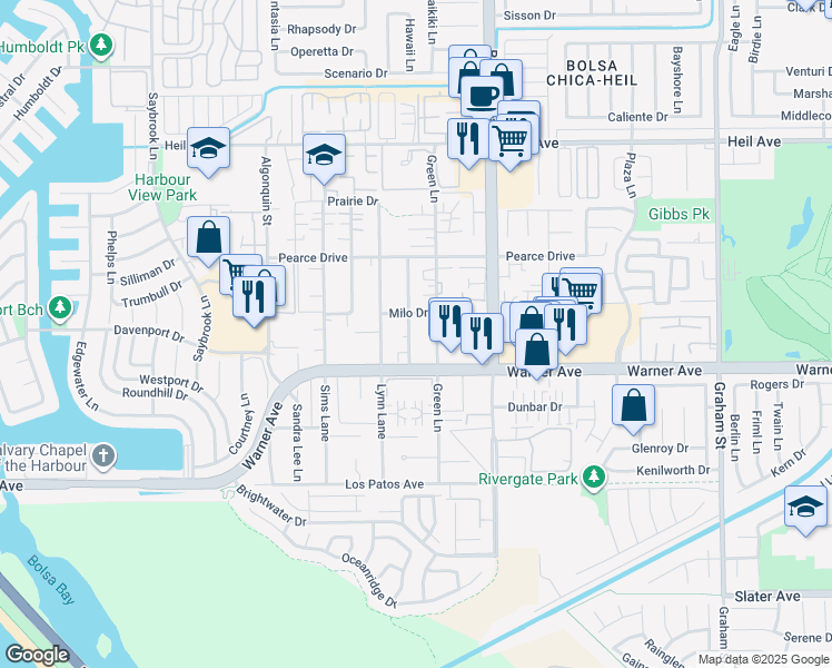 map of restaurants, bars, coffee shops, grocery stores, and more near 16861 Green Lane in Huntington Beach