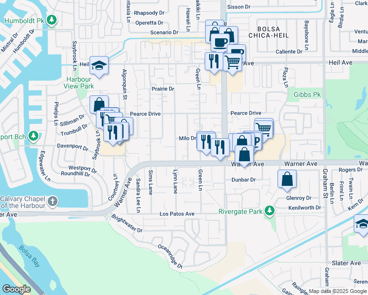 map of restaurants, bars, coffee shops, grocery stores, and more near 16862 Lynn Lane in Huntington Beach