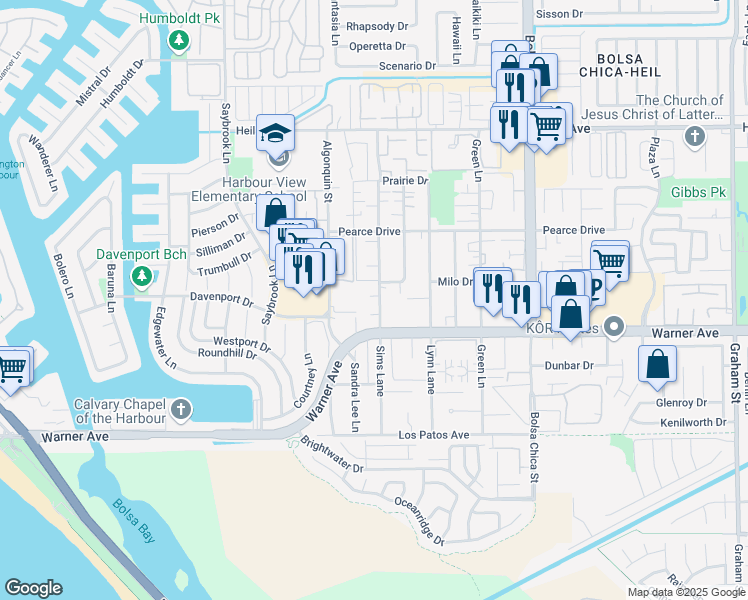 map of restaurants, bars, coffee shops, grocery stores, and more near 16861 Sims Lane in Huntington Beach
