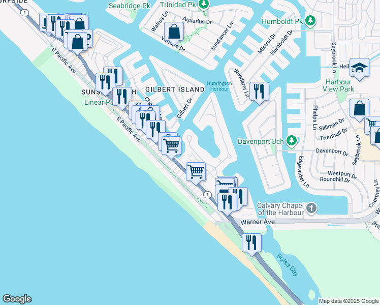 map of restaurants, bars, coffee shops, grocery stores, and more near 16892 Marina Bay Drive in Huntington Beach