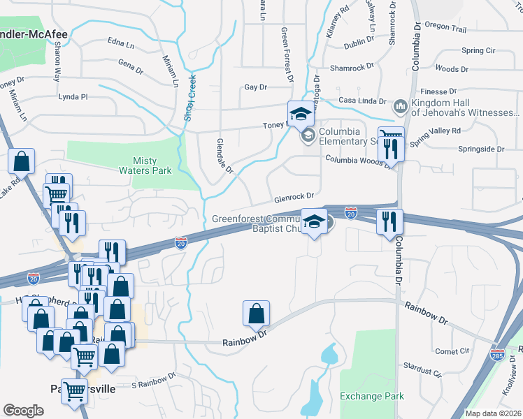 map of restaurants, bars, coffee shops, grocery stores, and more near 2521 Glenrock Drive in Decatur