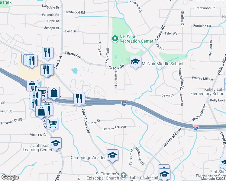 map of restaurants, bars, coffee shops, grocery stores, and more near 2448 Parkland Drive in Decatur