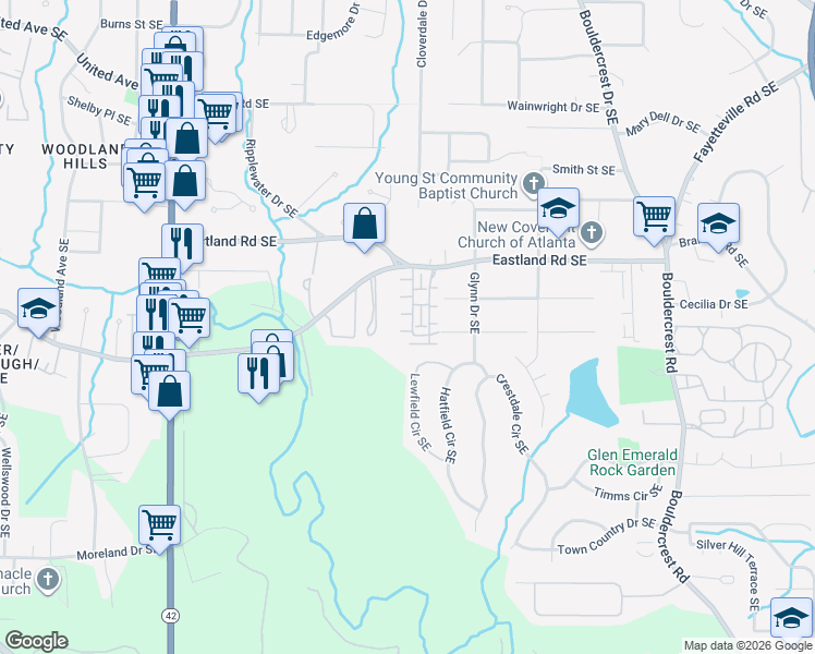 map of restaurants, bars, coffee shops, grocery stores, and more near 1415 Eastland Road Southeast in Atlanta