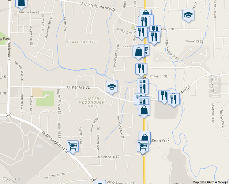map of restaurants, bars, coffee shops, grocery stores, and more near 1375 Woodland Avenue Southeast in Atlanta