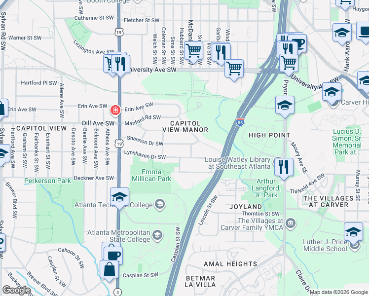 map of restaurants, bars, coffee shops, grocery stores, and more near 435 Shannon Drive Southwest in Atlanta