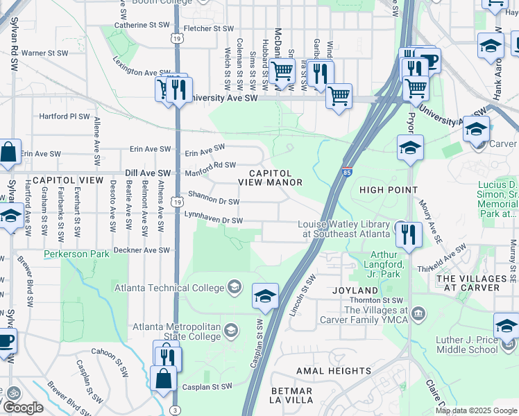 map of restaurants, bars, coffee shops, grocery stores, and more near 479 Shannon Drive Southwest in Atlanta