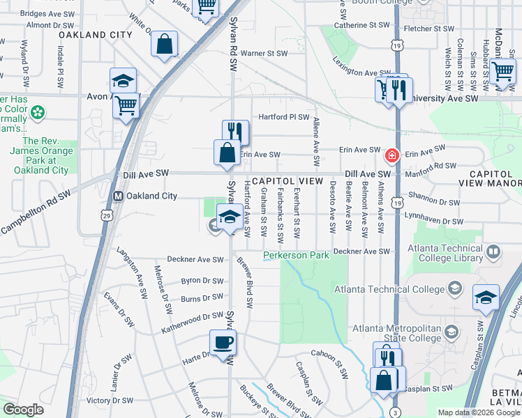 map of restaurants, bars, coffee shops, grocery stores, and more near 1392 Hartford Avenue Southwest in Atlanta