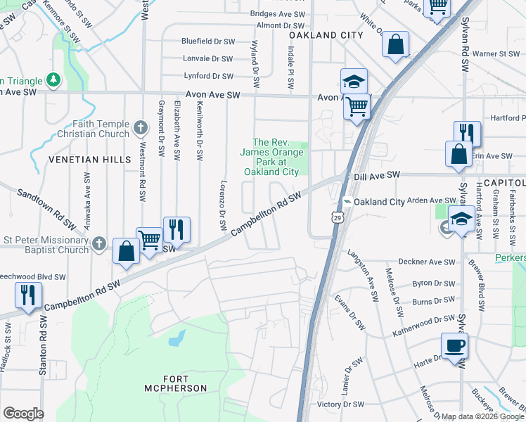 map of restaurants, bars, coffee shops, grocery stores, and more near 1396 Epworth Street Southwest in Atlanta