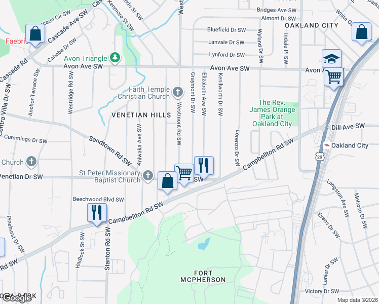 map of restaurants, bars, coffee shops, grocery stores, and more near 1383 Graymont Drive Southwest in Atlanta