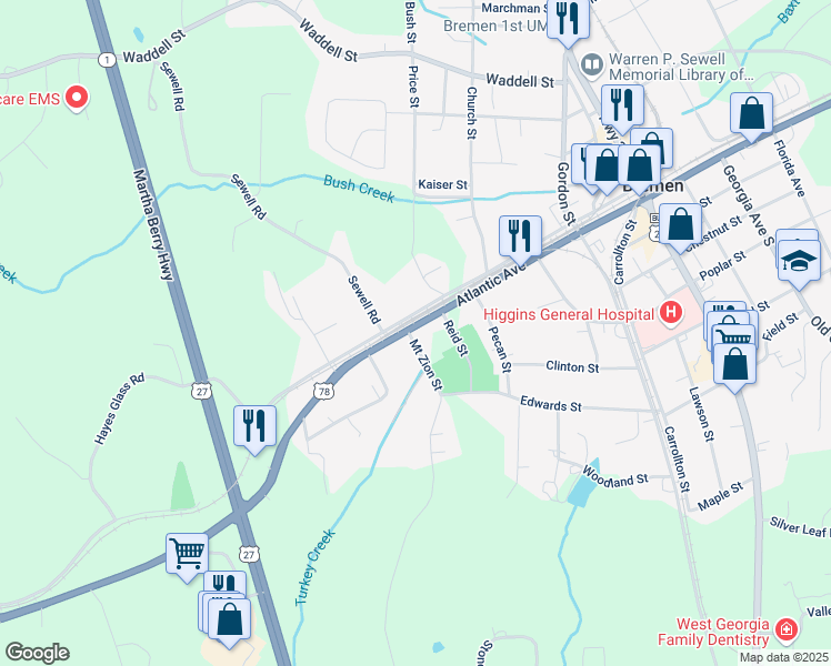 map of restaurants, bars, coffee shops, grocery stores, and more near 0 Mount Zion Street in Bremen