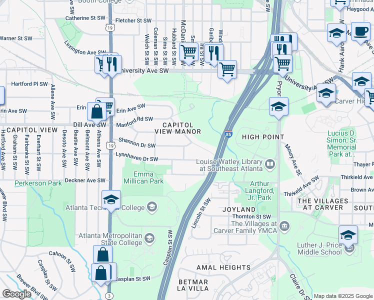 map of restaurants, bars, coffee shops, grocery stores, and more near 418 Shannon Drive Southwest in Atlanta