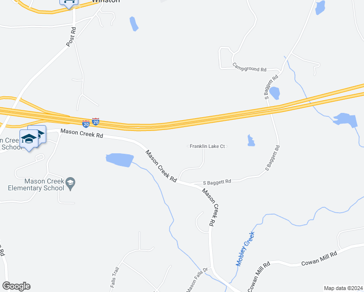 map of restaurants, bars, coffee shops, grocery stores, and more near 7405 Franklin Lake Court in Winston