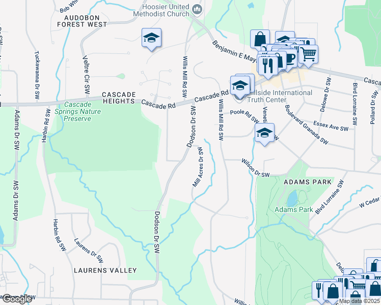 map of restaurants, bars, coffee shops, grocery stores, and more near 1433 Dodson Drive Southwest in Atlanta