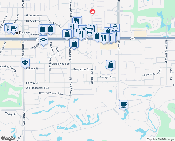 map of restaurants, bars, coffee shops, grocery stores, and more near 74654 Peppertree Drive in Palm Desert