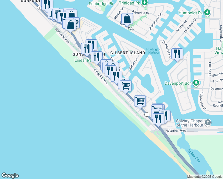 map of restaurants, bars, coffee shops, grocery stores, and more near 16865 South Pacific Avenue in Huntington Beach
