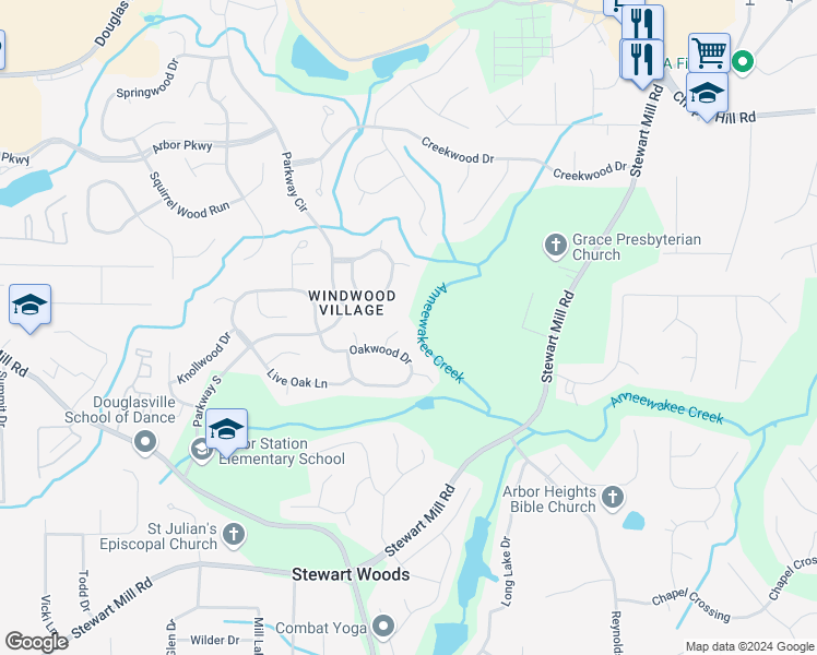 map of restaurants, bars, coffee shops, grocery stores, and more near 9888 Riverwood Court in Douglasville