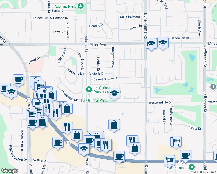 map of restaurants, bars, coffee shops, grocery stores, and more near 79255 Ashley Place in La Quinta