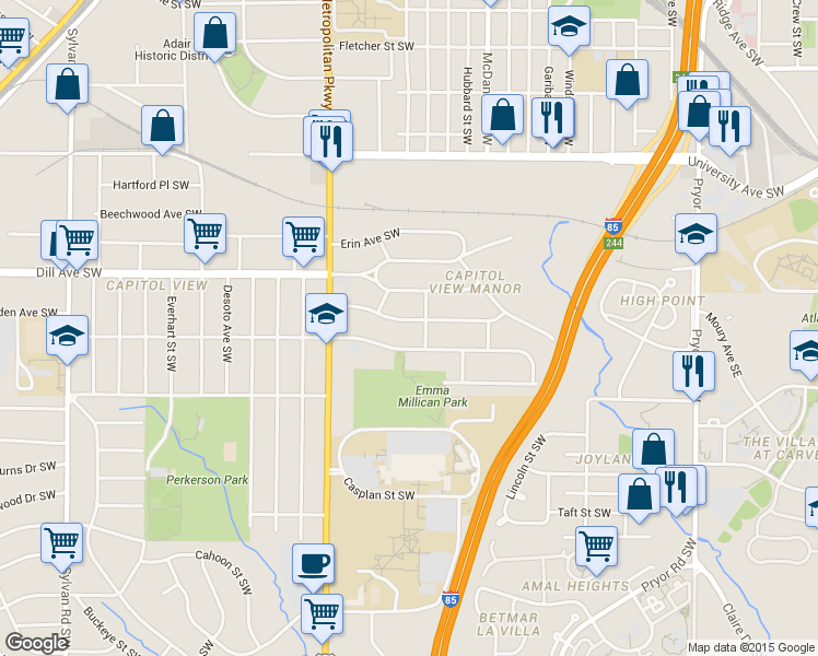 map of restaurants, bars, coffee shops, grocery stores, and more near 520 Shannon Drive Southwest in Atlanta