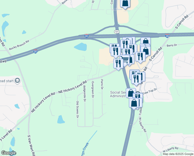 map of restaurants, bars, coffee shops, grocery stores, and more near 756 Northeast Hickory Level Road in Villa Rica