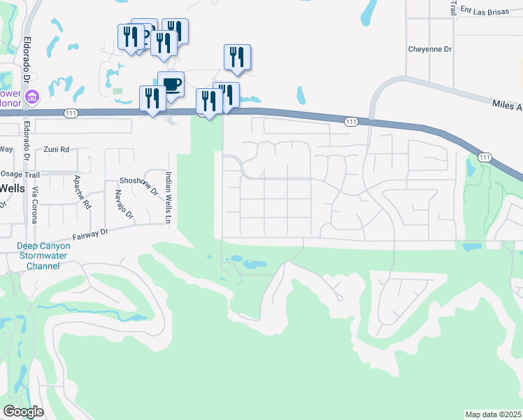map of restaurants, bars, coffee shops, grocery stores, and more near 45765 Hopi Road in Indian Wells