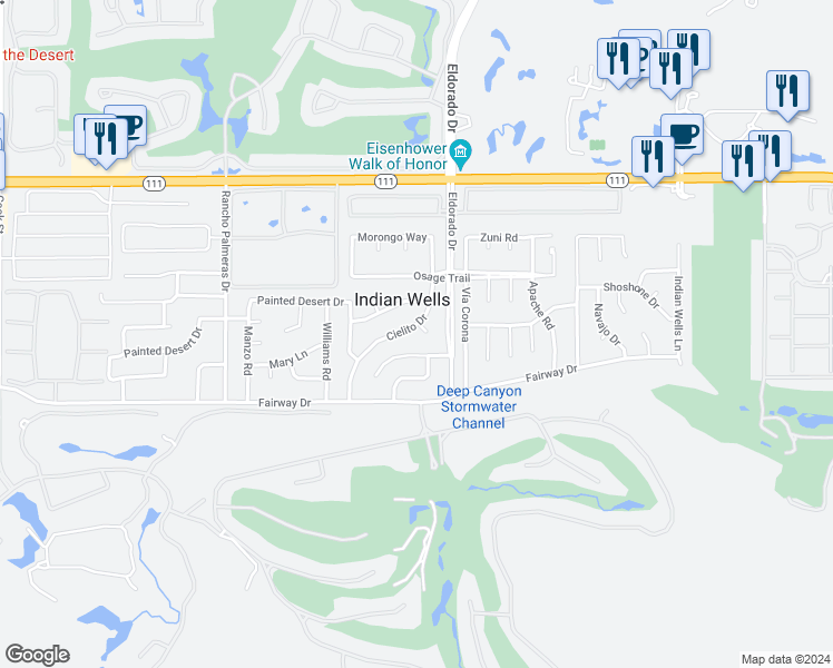 map of restaurants, bars, coffee shops, grocery stores, and more near 75755 Calle Tranquilidad in Indian Wells