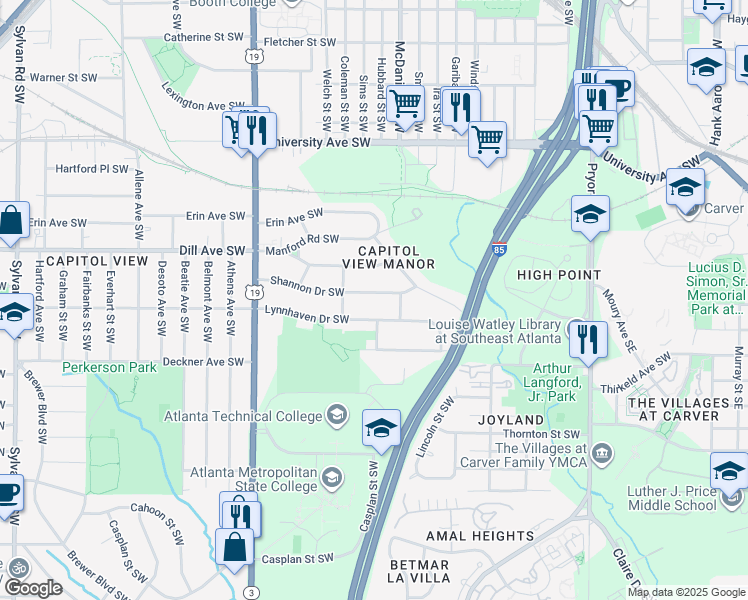 map of restaurants, bars, coffee shops, grocery stores, and more near 479 Shannon Drive Southwest in Atlanta