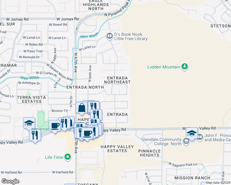 map of restaurants, bars, coffee shops, grocery stores, and more near 25429 North 63rd Lane in Phoenix