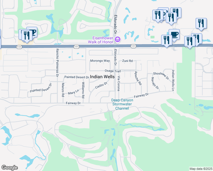 map of restaurants, bars, coffee shops, grocery stores, and more near 75755 Calle Tranquilidad in Indian Wells