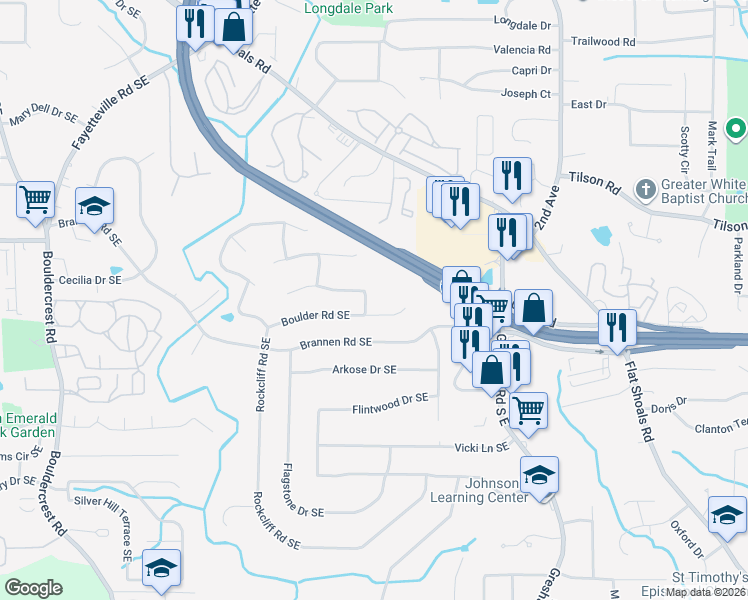 map of restaurants, bars, coffee shops, grocery stores, and more near 1852 Stoney Creek Dr SE in Atlanta