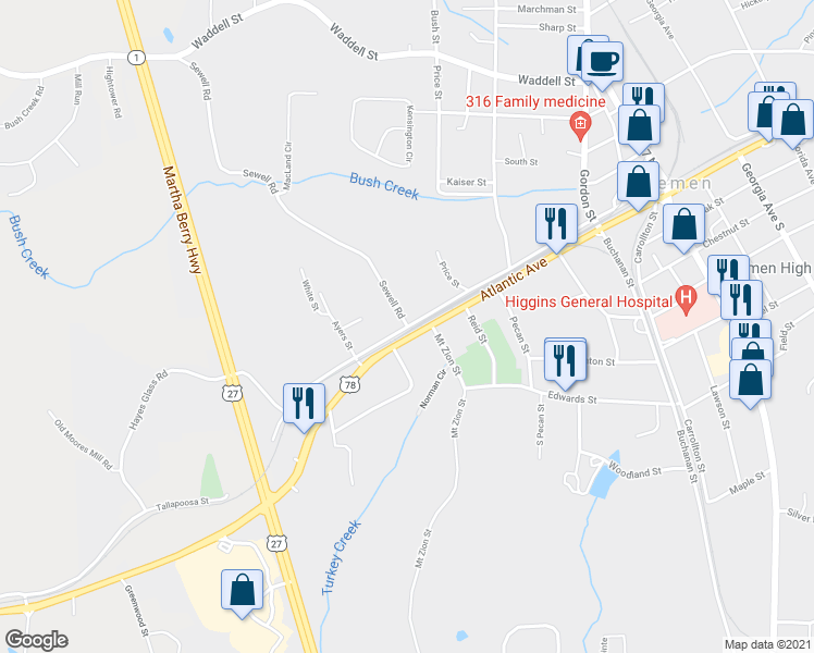 map of restaurants, bars, coffee shops, grocery stores, and more near 2 Sewell Road in Bremen
