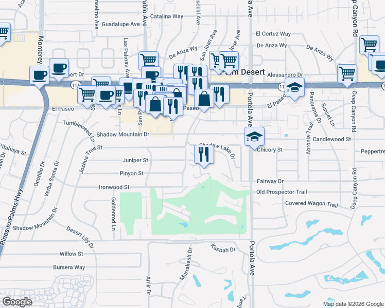 map of restaurants, bars, coffee shops, grocery stores, and more near 73736 Club Circle Drive in Palm Desert