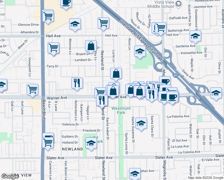 map of restaurants, bars, coffee shops, grocery stores, and more near 8552 Merle Circle in Huntington Beach