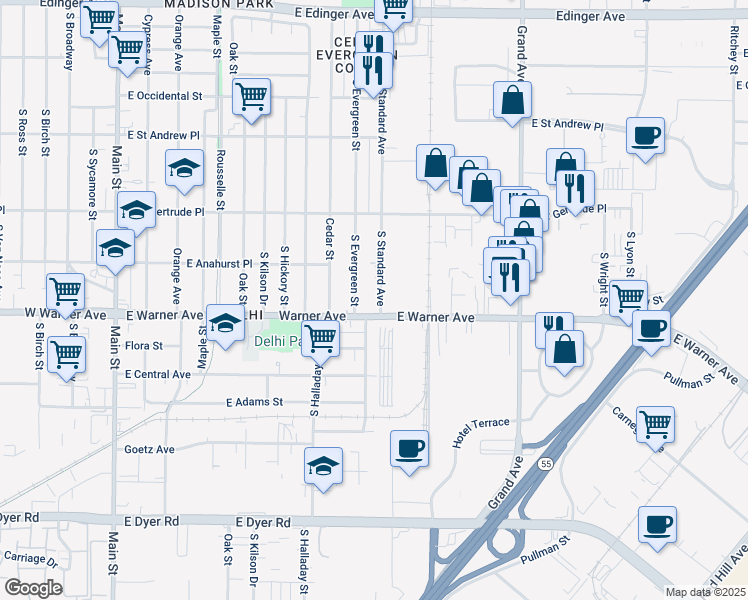 map of restaurants, bars, coffee shops, grocery stores, and more near 2234 South Standard Avenue in Santa Ana
