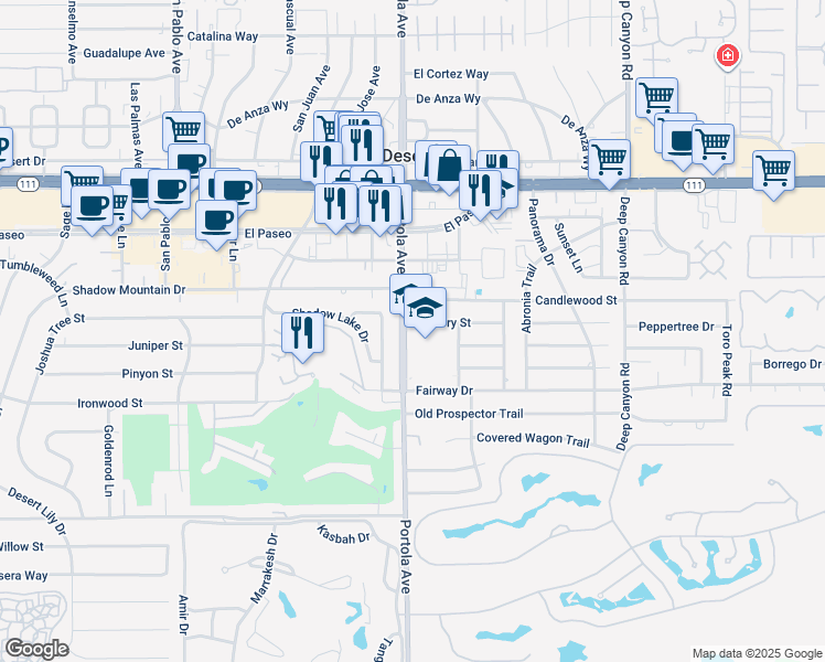 map of restaurants, bars, coffee shops, grocery stores, and more near 45768 Portola Avenue in Palm Desert