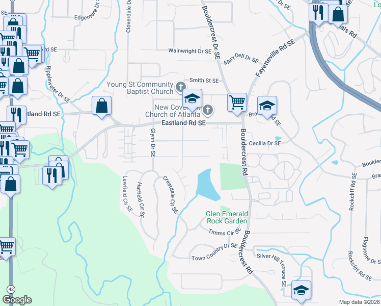 map of restaurants, bars, coffee shops, grocery stores, and more near 1368 Emerald Avenue Southeast in Atlanta