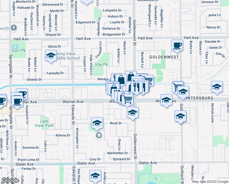 map of restaurants, bars, coffee shops, grocery stores, and more near 6833 Warner Avenue in Huntington Beach