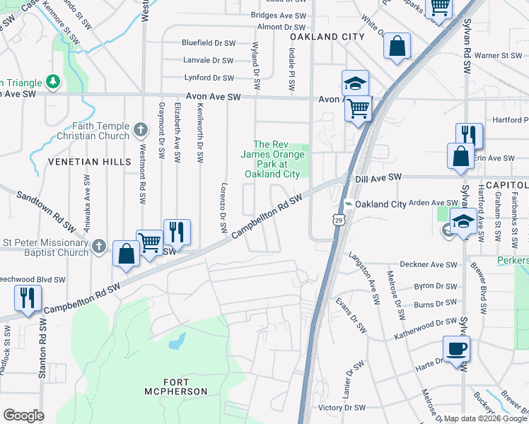 map of restaurants, bars, coffee shops, grocery stores, and more near 1396 Epworth Street Southwest in Atlanta