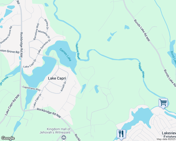 map of restaurants, bars, coffee shops, grocery stores, and more near 2738 Westminister Lane Northwest in Conyers