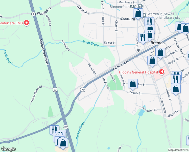 map of restaurants, bars, coffee shops, grocery stores, and more near 108 Sewell Road in Bremen