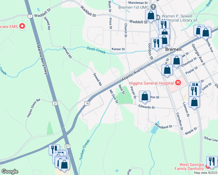 map of restaurants, bars, coffee shops, grocery stores, and more near 0 Mount Zion Street in Bremen