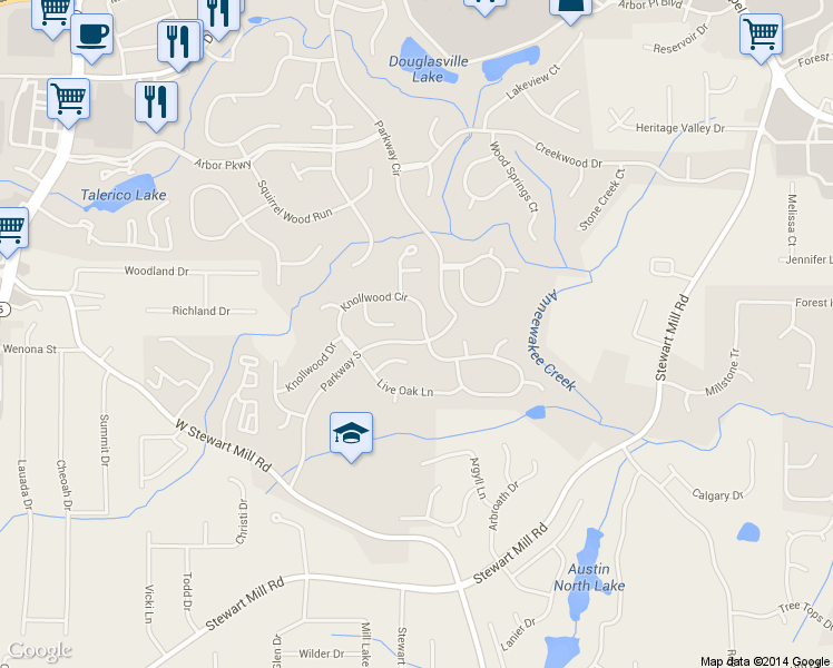 map of restaurants, bars, coffee shops, grocery stores, and more near 6689 Knollwood Circle in Douglasville
